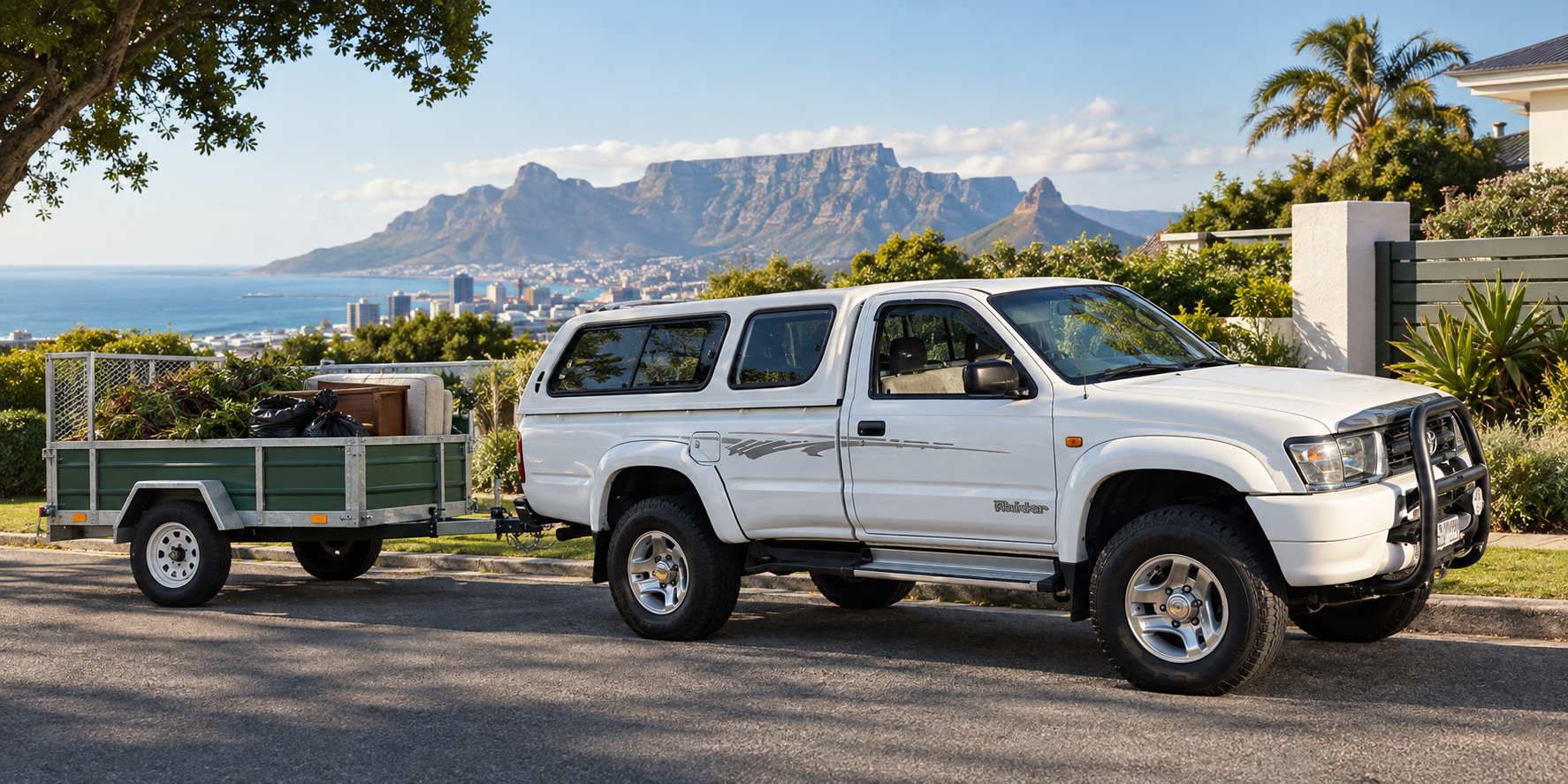 White Toyota Raider-style bakkie towing a green utility trailer in Cape Town